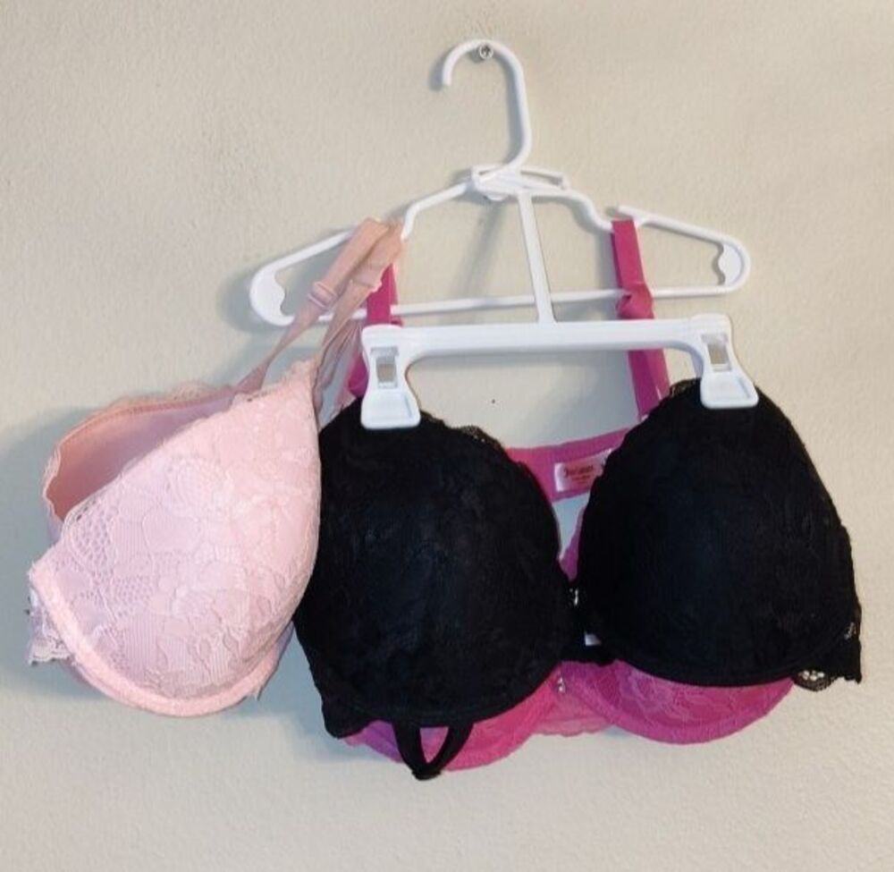 Lot of 3 Juicy Couture Women Black Pink Fuchsia Lace Push Up Padding Bras Sz 38C